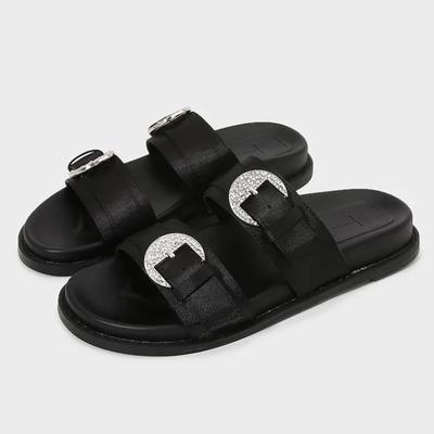 Fashion Bling Bling Rhinestone Buckle Design Flat Slippers Women Fashion Black Round Toe Sandals Summer Comfort Non-slip Beach Sandals