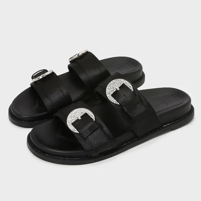Fashion Bling Bling Rhinestone Buckle Design Flat Slippers Women Fashion Black Round Toe Sandals Summer Comfort Non-slip Beach Sandals