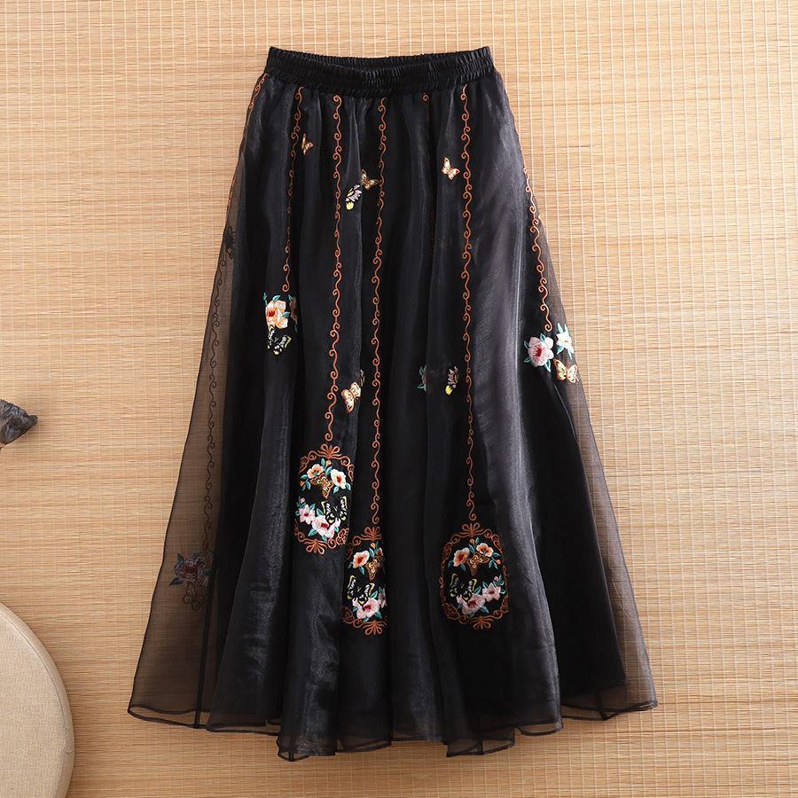 2023 Vintage Chinese Embroidered A-line Midi Skirt