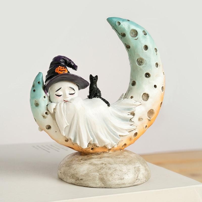 Unique Witch Ghostly Lying On Moon Statue with Base Tabletop Shelf Ornament Mystical Moon Theme Resins Sculpture Gift