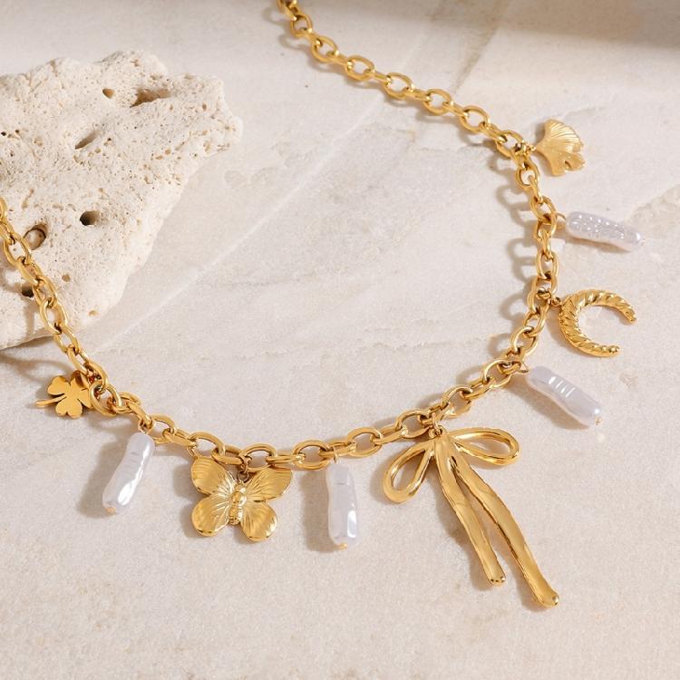 Stainless Steel Faux Pearls Bowknot Pendant Necklace Comfortable Wear Adjustable Chain For Personalised Styling