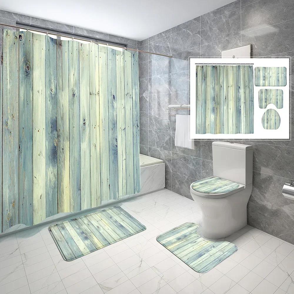 Set Tenda Doccia Rustica in Legno Marrone Stile Fattoria con Tappetini Antiscivolo Copri Tavoletta WC Tappetino da Bagno Set Decorazioni Impermeabili per Bagno