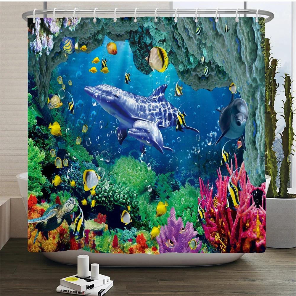 3d Bathroom Curtains Ocean Fish Jellyfish Shell Starfish Dolphin Anchor Shower Curtain Waterproof Fabric Cartoon Boy Bath Screen