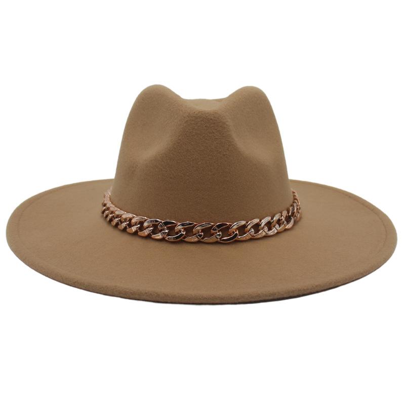 Big Brim Gold Acrylic Chain Felt Hat Solid Color Cashmere Jazz Hat French Top Hat