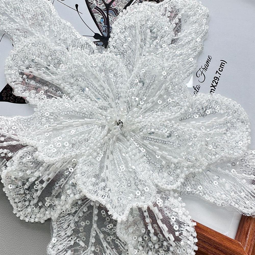 

28x30cm Large 3D Embroidery Sequin Flower Sew on Patches Crystal Studded For Wedding Dress Headwear DIY Tulle Fabric Accessories белый