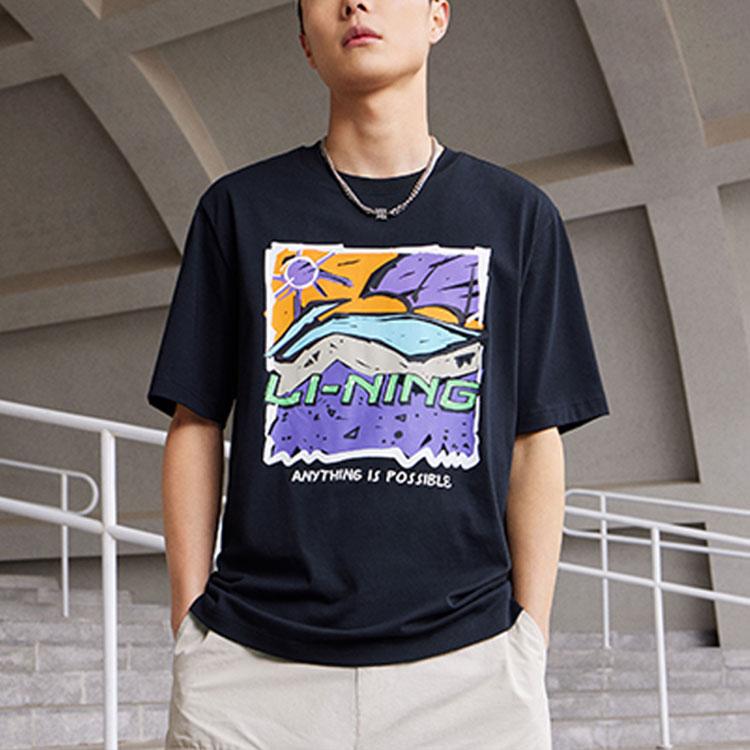 Li-Ning Cartoon Print Round Neck Short Sleeve Drop Shoulder T-Shirt Unisex Tops Black AHST543-2