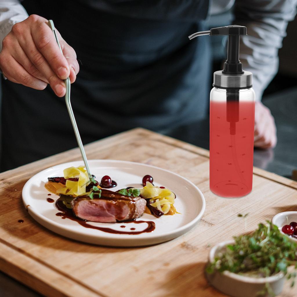 300Ml Premium Sauce Dispenser Bottle Glass Body Stainless Steel Pump Precision 8Ml Per Press for Jam Soy Sauce Vinegar Maple