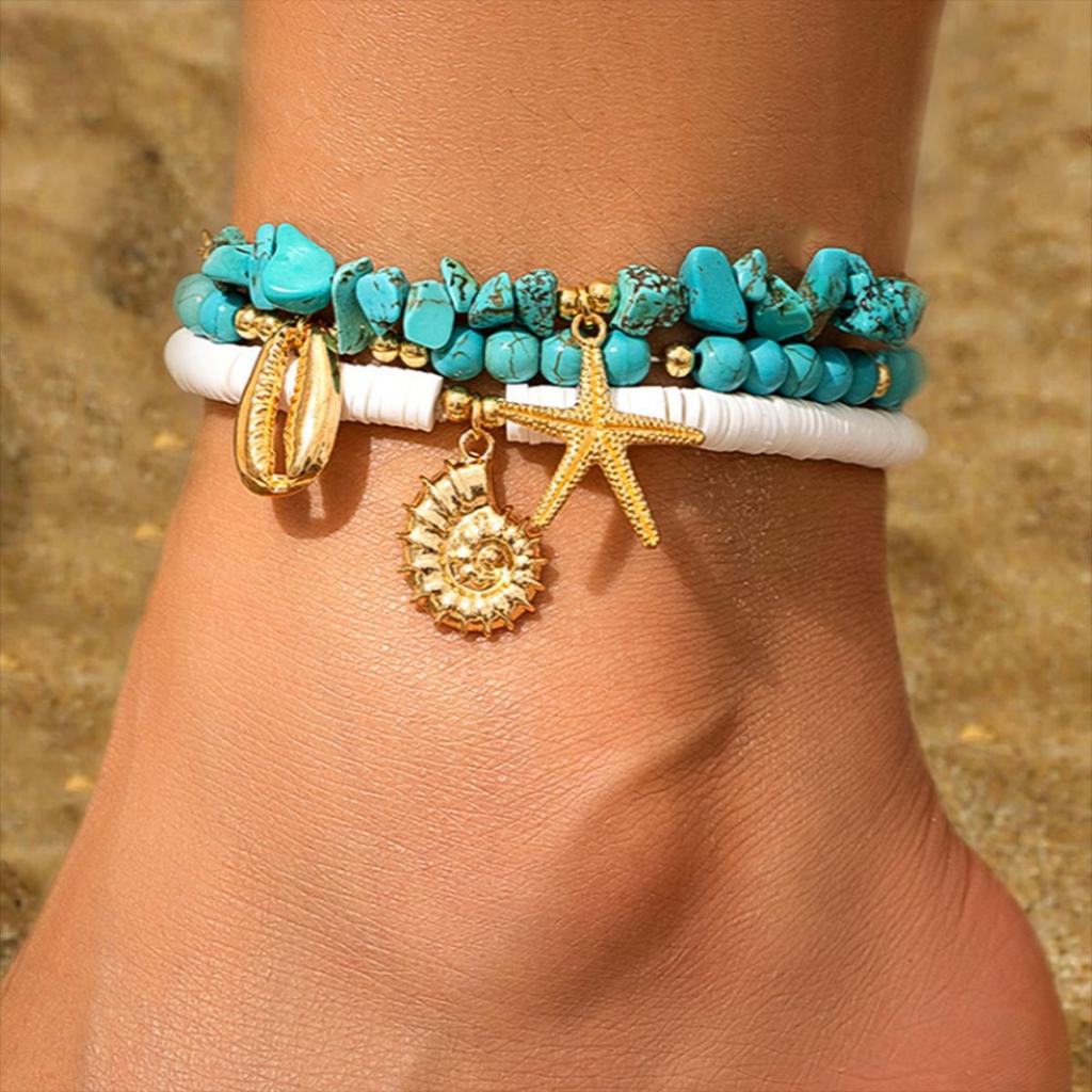Bohemian Shell Starfish Beaded Anklets Set for Women Fashion Summer Beach Sea Shell Multilayer Chain Ankle Jewelry