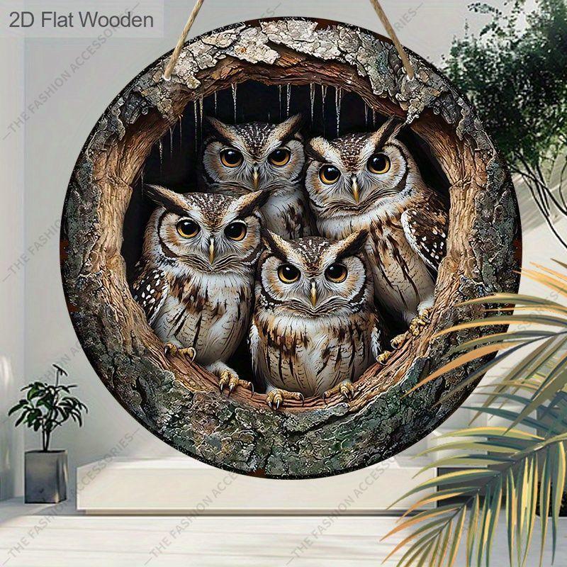 2D plane hanging decorative signs, interior wall or door decoration, garden decoration, owl pattern in tree hole, housewarming gift for friends