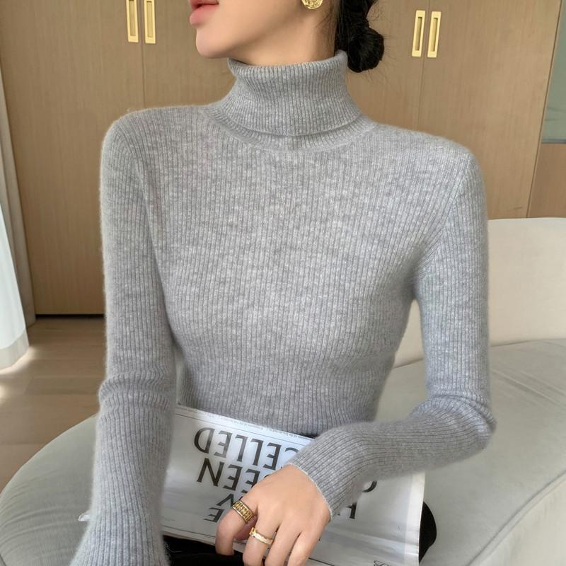 Podzimní a zimní svetr s vysokým límcem pro ženy, úzký pletený svetr s žebrovou vazbou, s těsným pulovrem uvnitř, všestranný hřejivý top s dlouhým rukávem