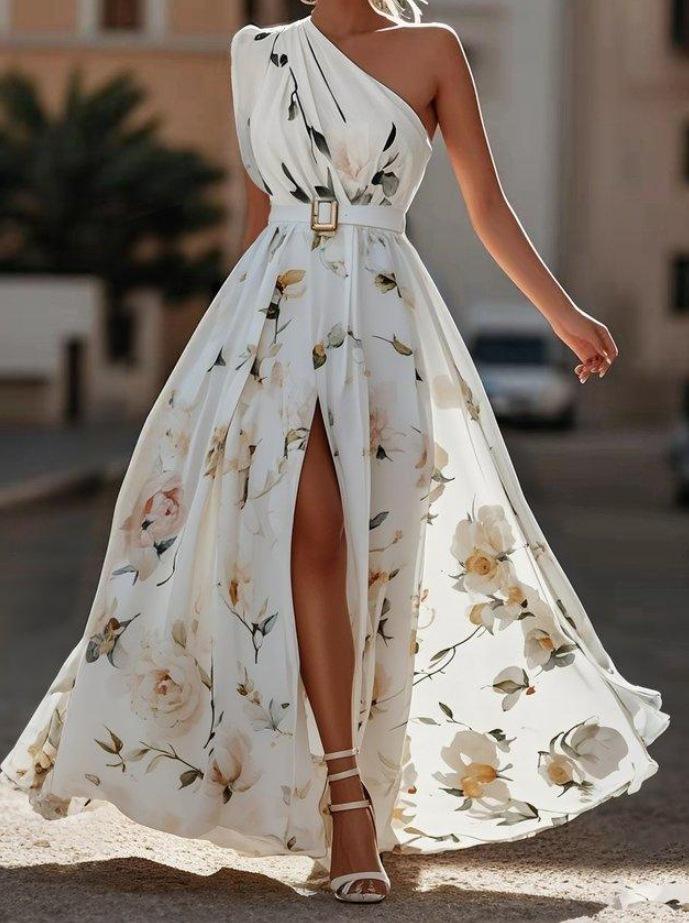 Women's One Shoulder Sleeveless Floral Print Maxi Dress Slim Fit High Waist Elegant Summer Party Dress With Belt
