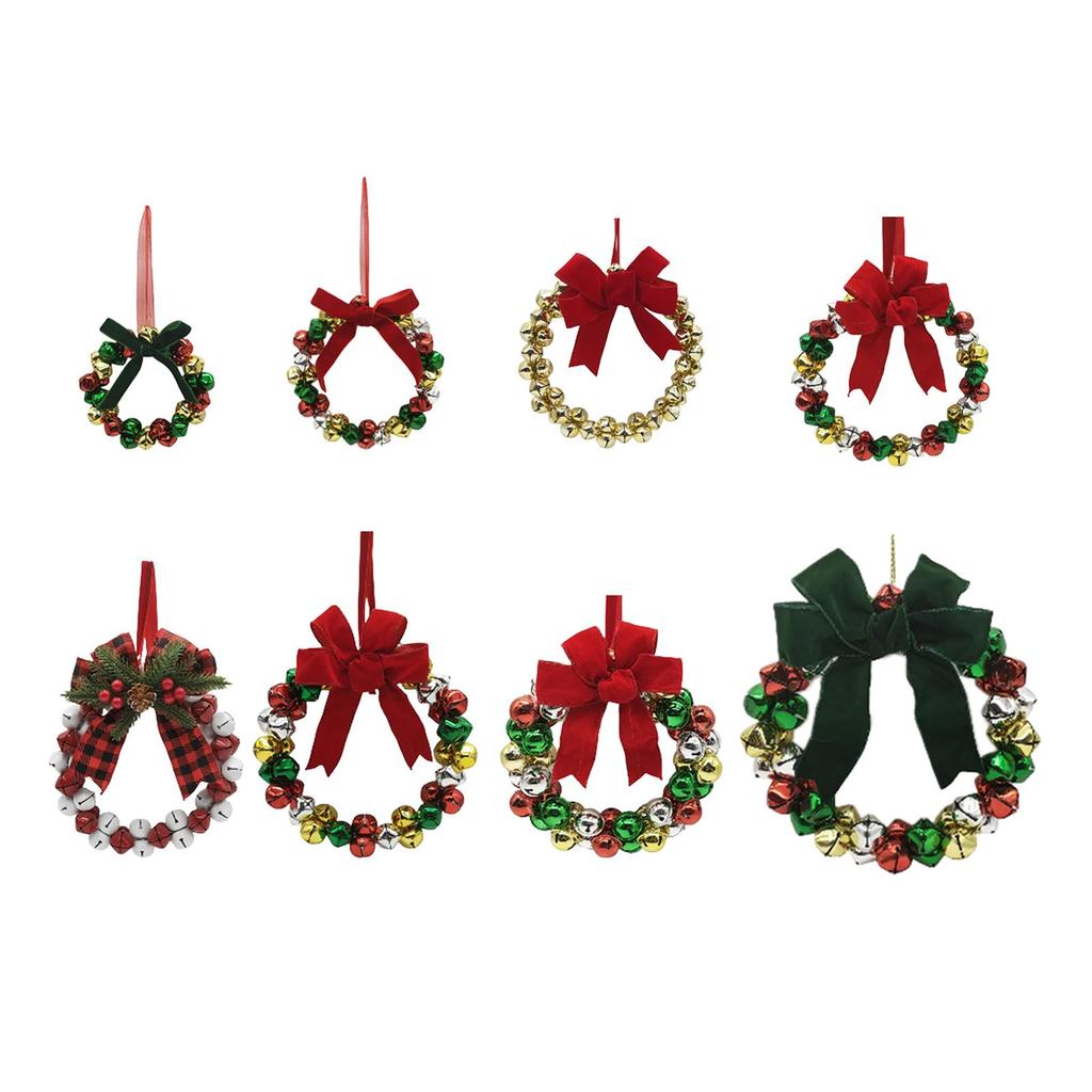 Holiday Scene Christmas Wreath Metal Artificial Bells Bowknot Hanging Decoration for Window Front Door Kitchen Home Wall