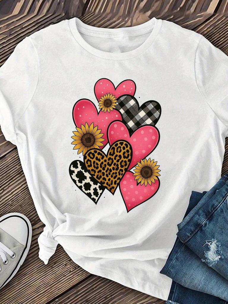 Unisexs 100 Cotton Graphic Tshirt Round Neck Short Sleeve Heart Print Aesthetic Versatile Spring Summer Casual Office Daily Tops Multicolors