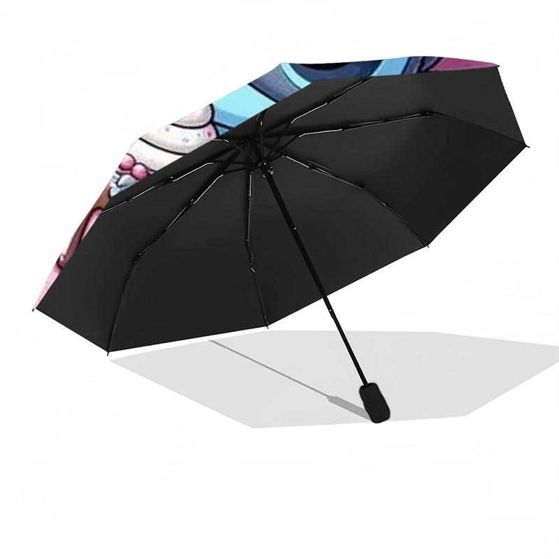 1pc Sturdy 8-Bone Auto Umbrella, Stitch Pink Bow Pastel Floral Umbrella, Digital Printed, Foldable Umbrella for On-the-Go Outdoor Use