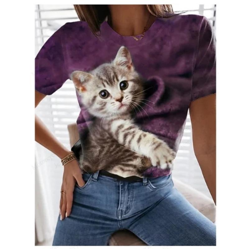 Summer Round Neck 3D Cat Print Top Fashionable Casual Short Sleeved Women's T-shirts