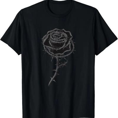 Soft Grunge Fashion Punk Goth Gothic Barbed Wire Black Rose T-Shirt