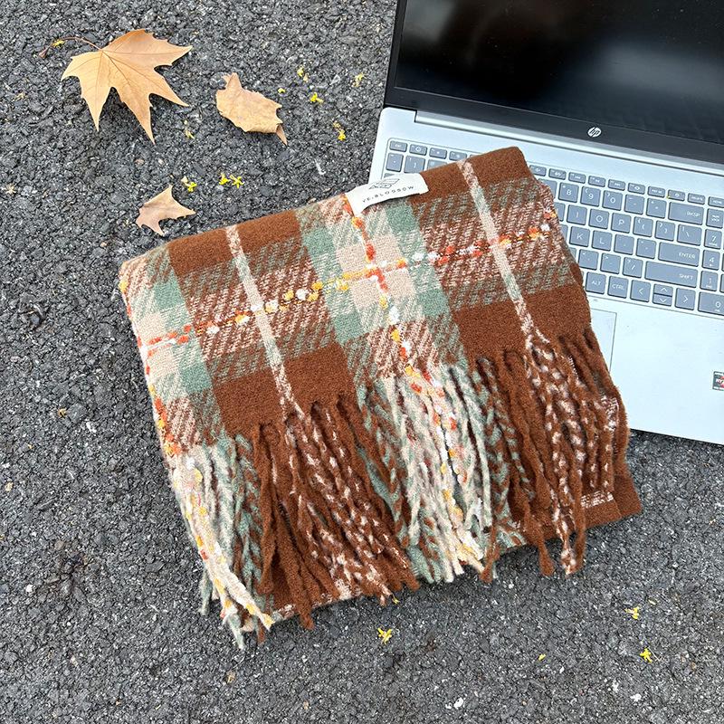 Korean Style Plaid Mohair Scarf - Women's Winter Imitation Cashmere Shawl