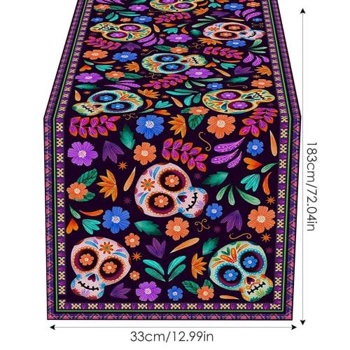 Mexican Skeleton Tablecloth - New Mexican Day of the Dead Table Runner, Mexican Sugar Skull Kitchen and Restaurant Decor, Rustic Linen Tablecloth, Mex