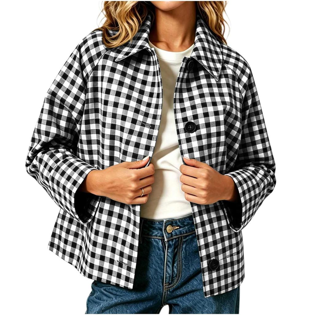 Women's Casual Long Sleeve Button-Up Plaid Jacket