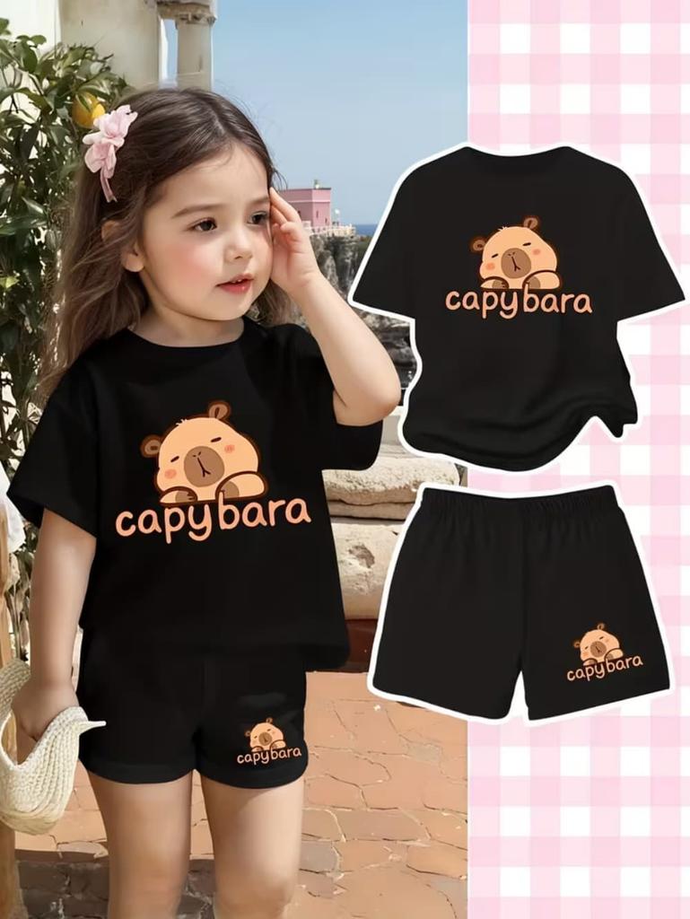 Cartoon Capybara Funny Print Boy Girls Short Sleeved T-Shirt Casual Shorts Children's Set Summer Casual Suit 2 Piece Tracksuits