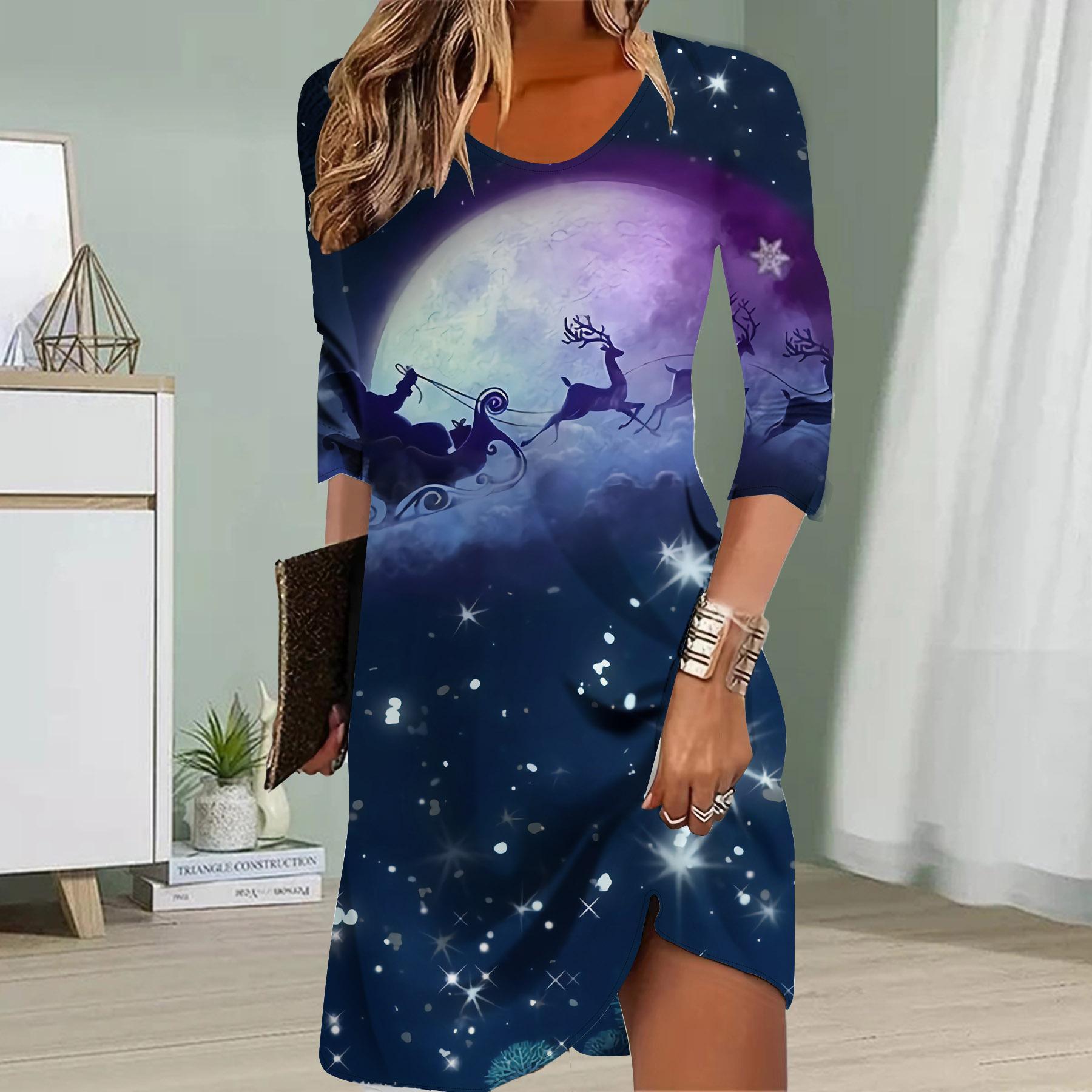 

Женское повседневное платье с принтом лося и оленя, осенние платья для женщин с круглым вырезом и короткими рукавами, платье больших размеров M фиолетовый