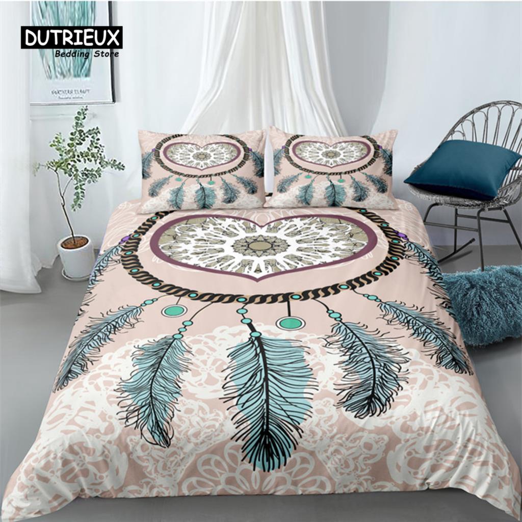 Housse de Couette Bohème Attrape-Rêves Imprimé Géométrique Plumes Ensemble de Literie Taille King Queen Décor de Chambre Housse de Couette en Microfibre