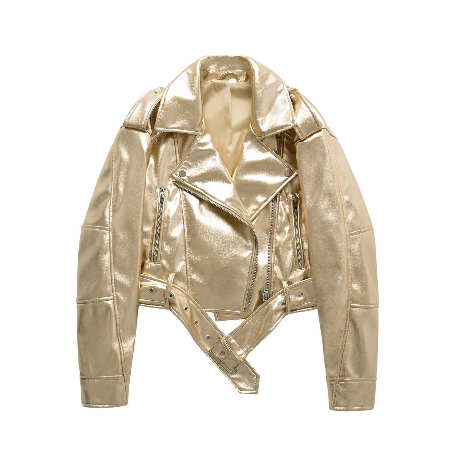 

Європейська та Американська Ретро Прана Штучна Шкіра Комір Мотоциклетна Куртка - Бестселер 2025 Medium золотий