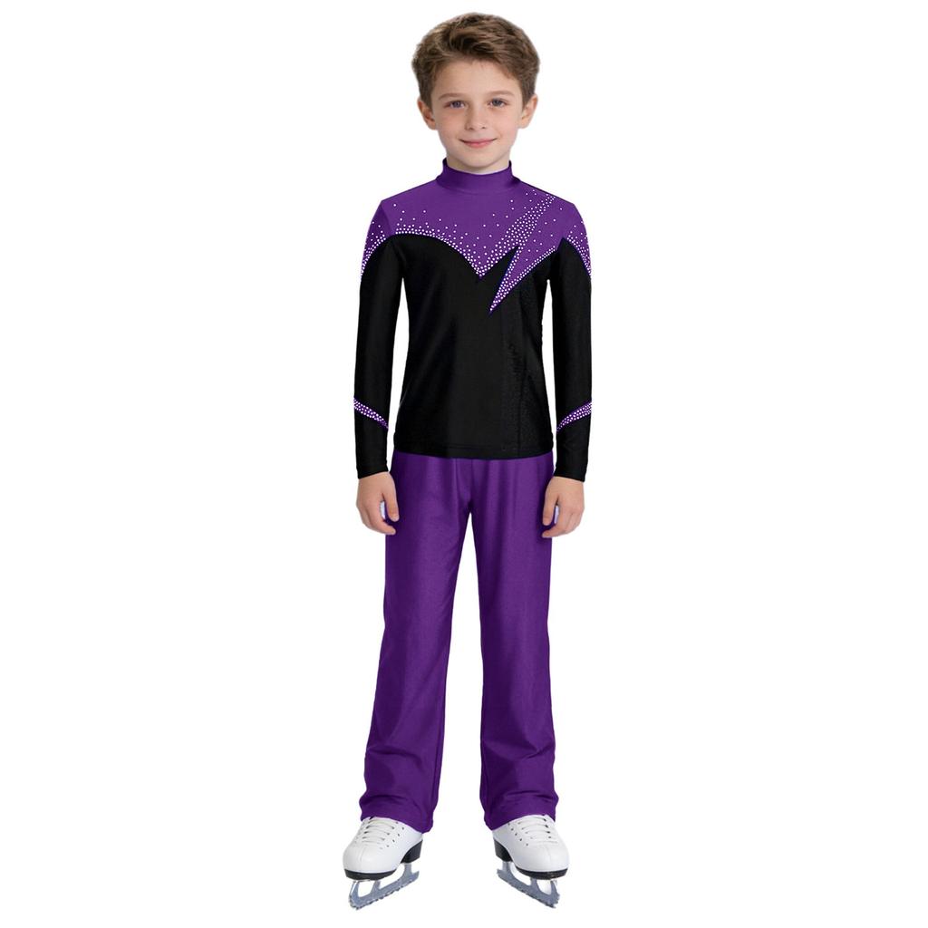 Kids Boys Figure Skating Outfit Mock Neck Long Sleeve Back Invisible Zipper Color Block Shiny Rhinestones Top with Elastic Waistband Pants Competition