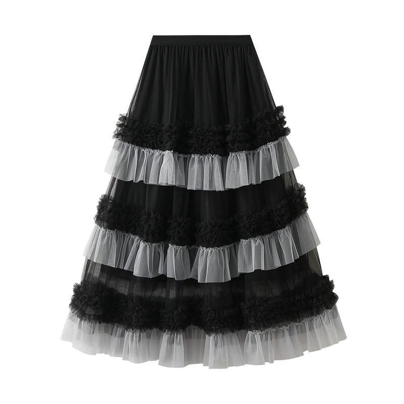 Women s Maxi Tulle Skirts Flowy Ruffle High Waisted Tiered Layered Mesh Tutu Skirt for Women A Line Fairy Tiered Skirt Midi Elastic Waist Long Skirt One size чёрный