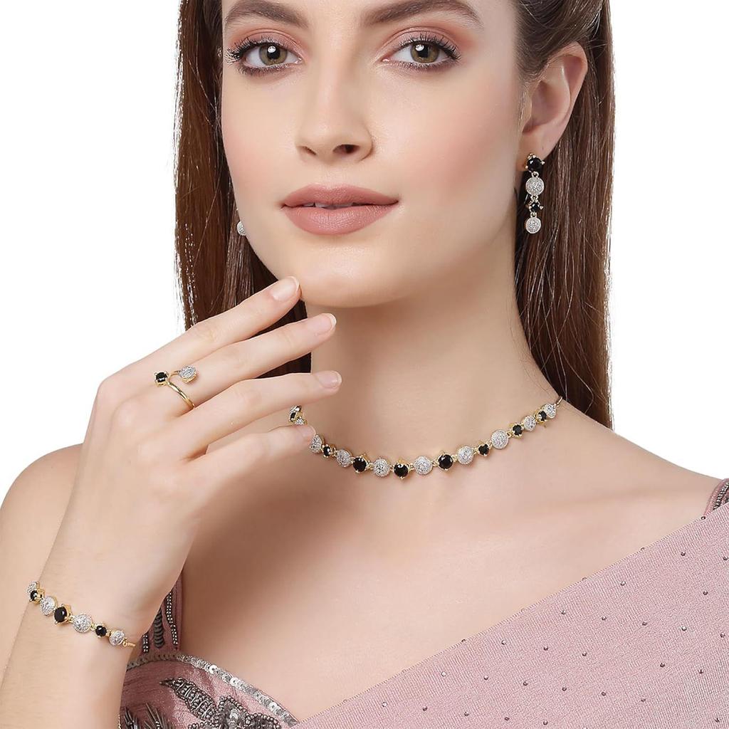 Jewellery Set for Women American Diamond Combo of Necklace Set with Earrings, Bracelet and Ring for Girls and Women