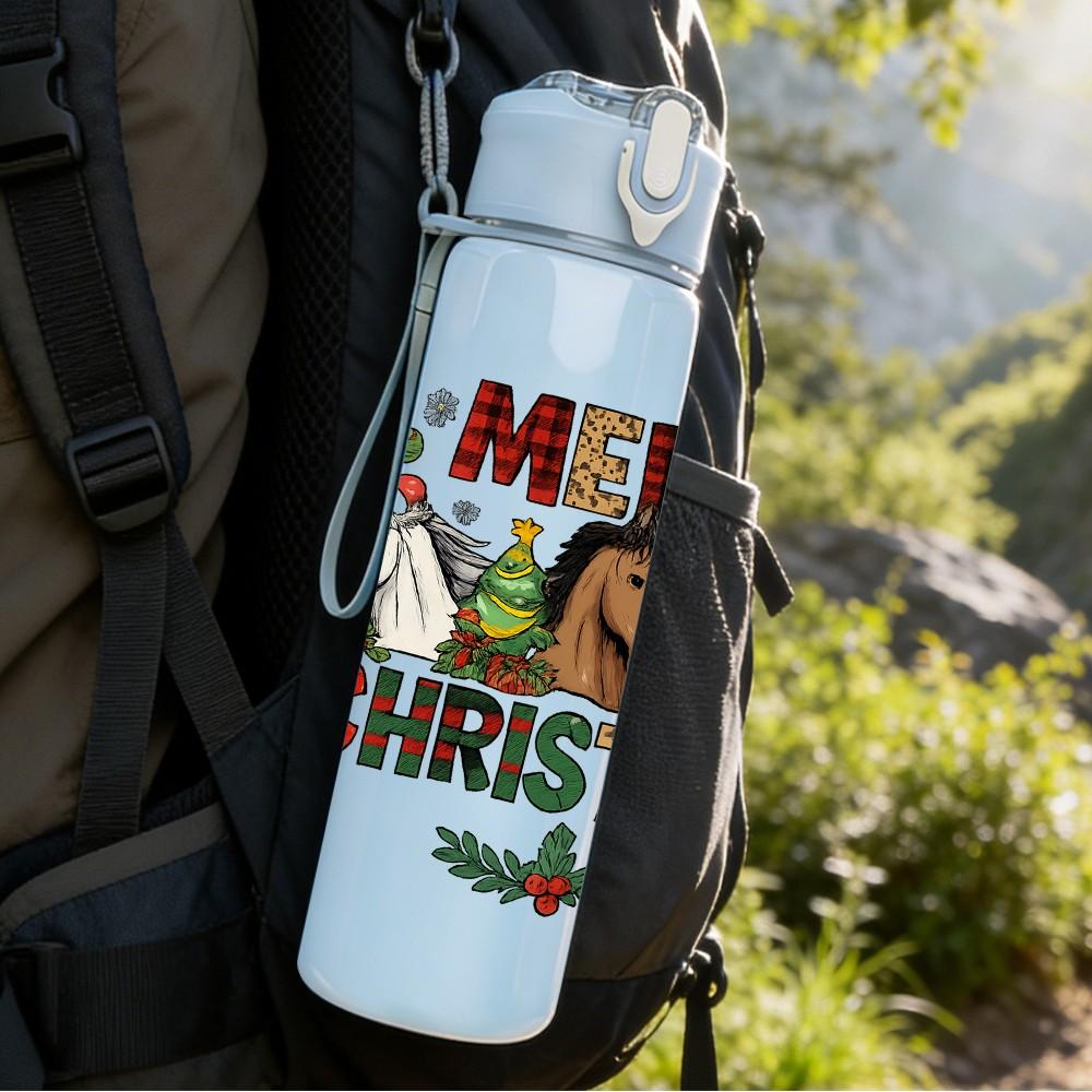 1PC Merry Christmas Horse 750ml Color Plastic Sports Water Bottle Leakproof Flip Straw Lid Suitable for Sports Office Home Use