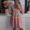 Vestido Vintage Estampado para Outono Feminino com Decote em V, Manga 3/4 Solto Casual Boho em Camadas para Uso Diário