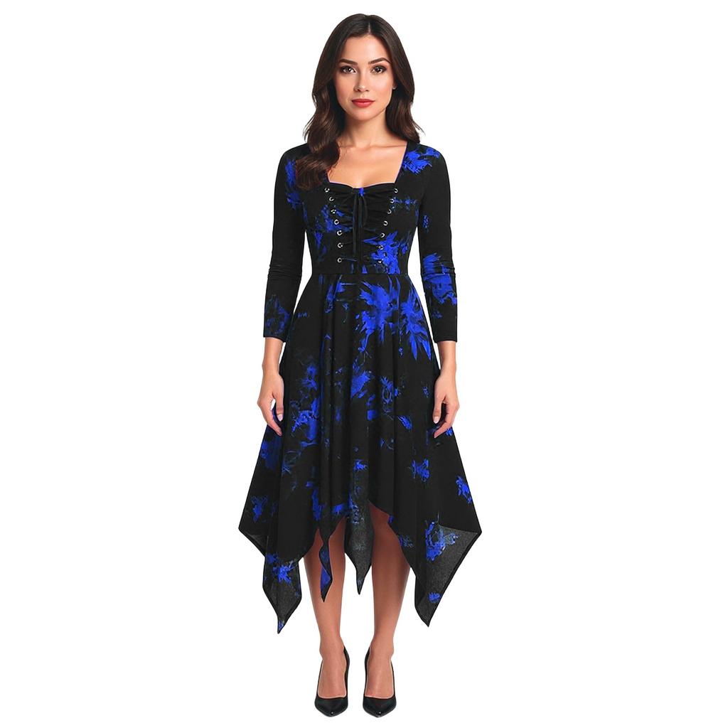 Women's Gothic Long Sleeve Lace Up Dress, Irregular Hem Medieval Witch Costume, Black Halloween Party Outfit