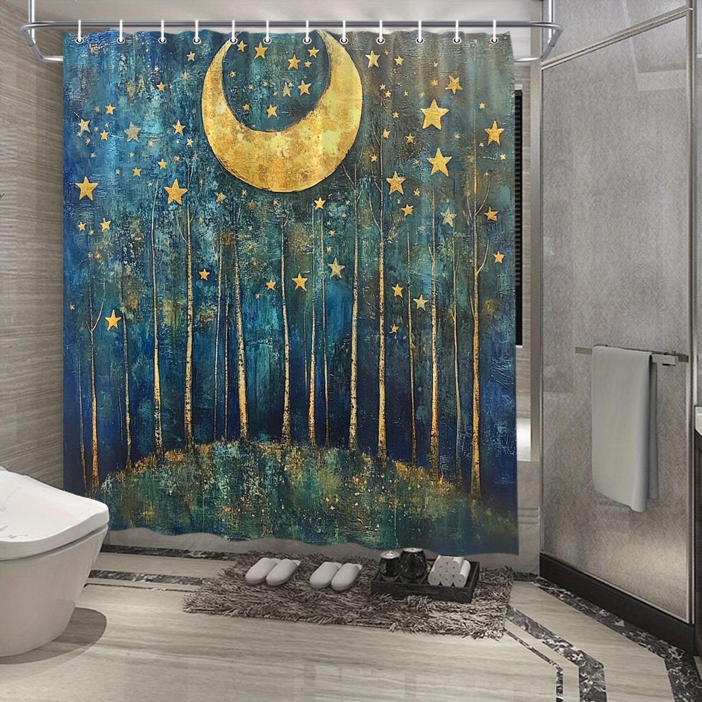 Mystická lesní hvězdná noc Sprchový závěs - Zlatý půlměsíc, Snový polyester, Ideální pro dekoraci koupelny nebo terasy