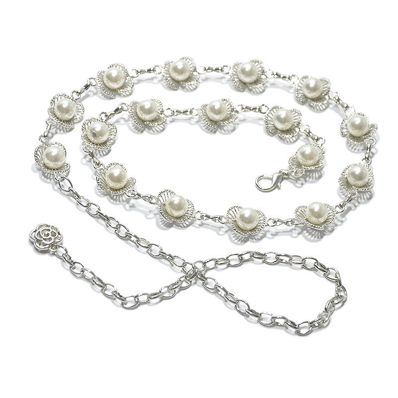 

Women s new metal waist chain - ethnic style pearl sailor dance body chain - belly dance waist chain 105cm срібний