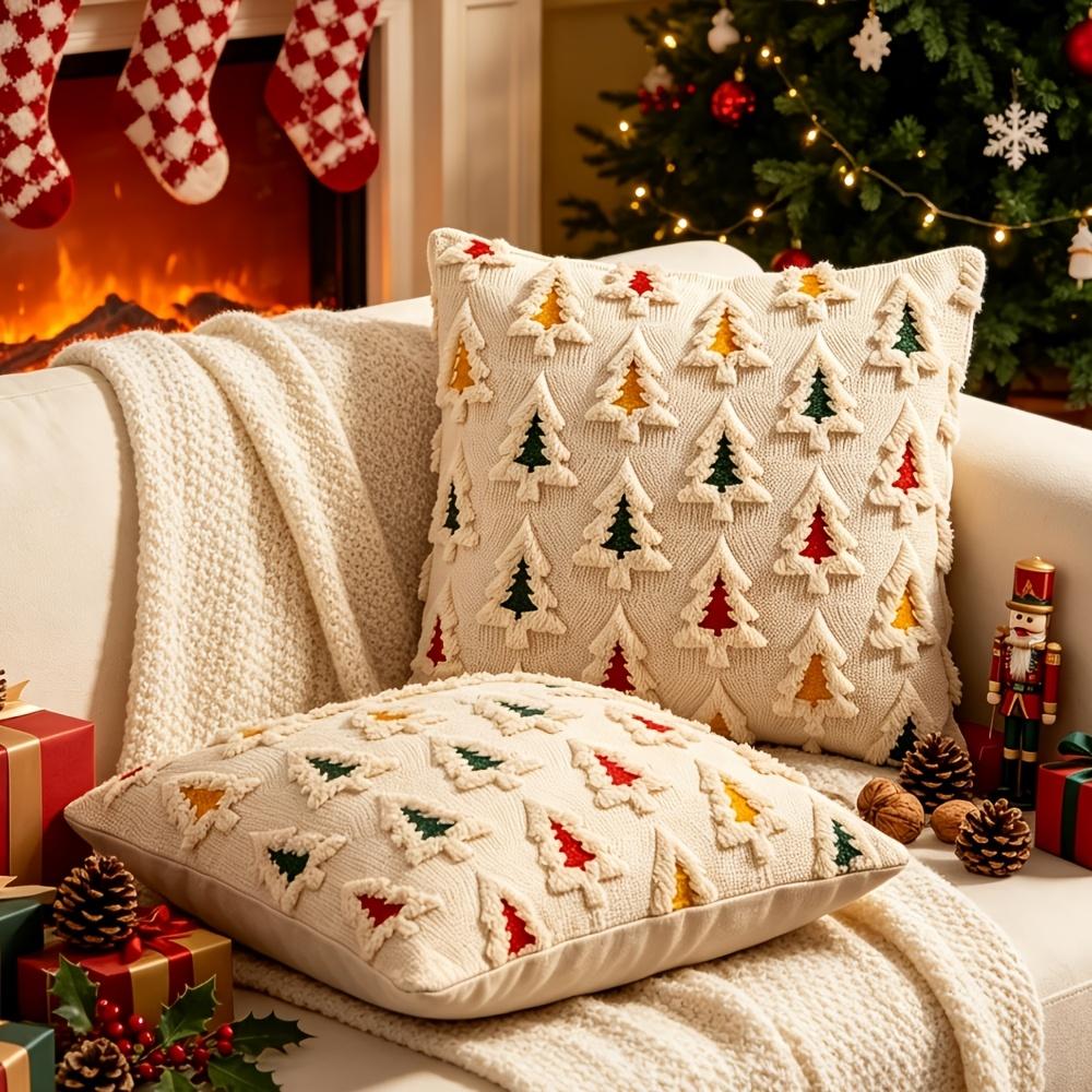 2pcs Christmas Tree Embroidered Plush Throw Pillow Covers Vintage Cute Soft Cozy Cushion Covers for Christmas Bedroom Sofa Decor Without Pillow Core