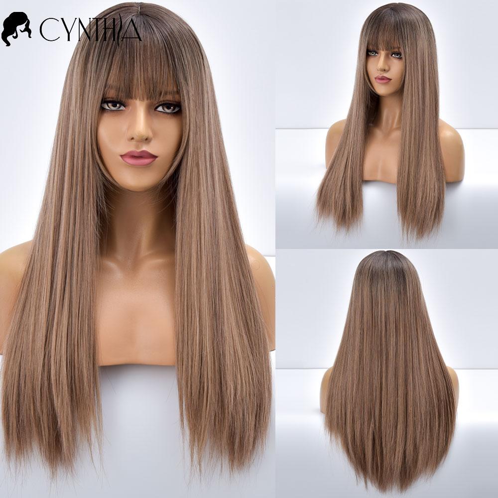 Blonde Ombre Long Straight Gold Synthetic Wig With Bangs For Black White Women Heat Resistant Fiber Daily Hair Cosplay Wigs