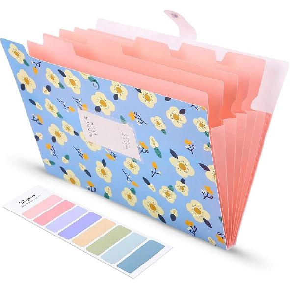 SKYDUE Expanding File Folder with 5 Pockets, Floral Accordion File Organizer for Important Document, Portable Receipt Paper Organizer, School Office