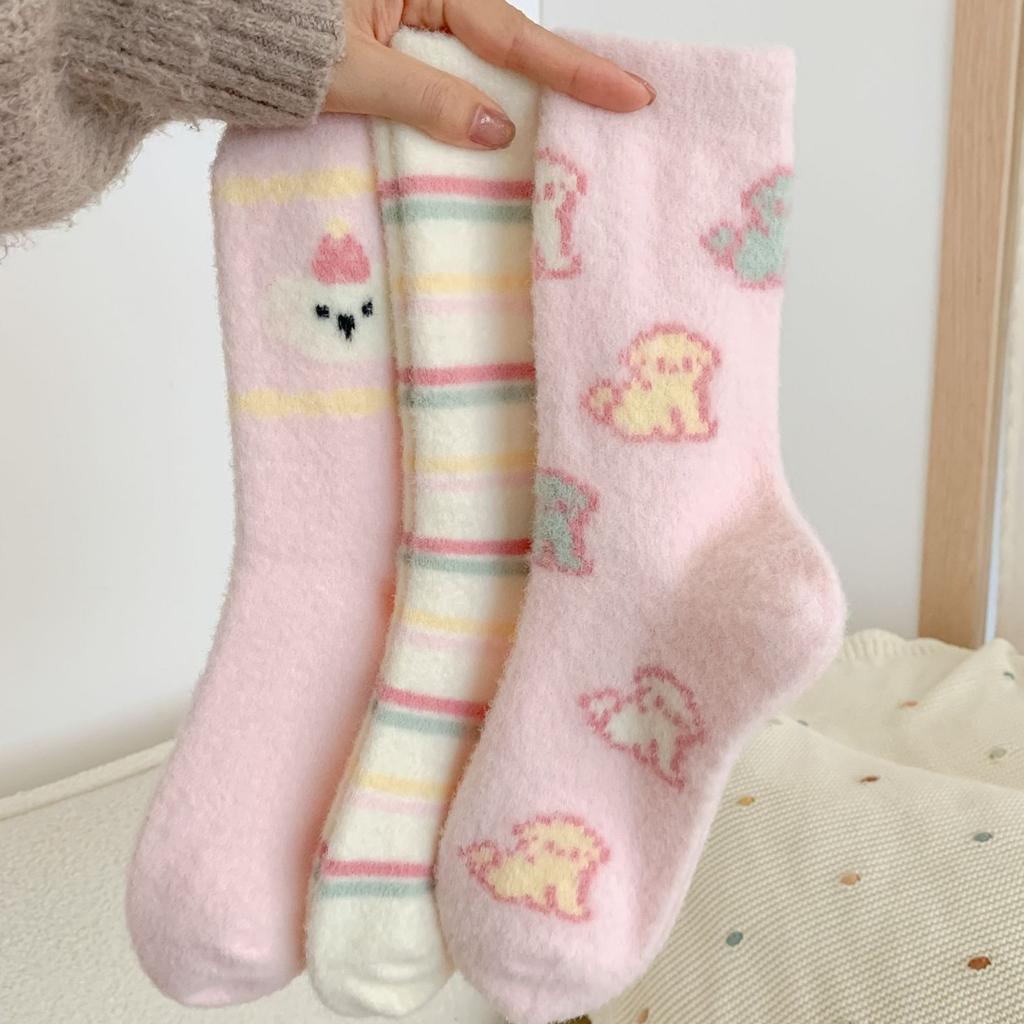 Rosa Australische Fleece Socken Verdickte Warme Socken Cartoon Gestreifte Niedliche Plüsch Haussocken