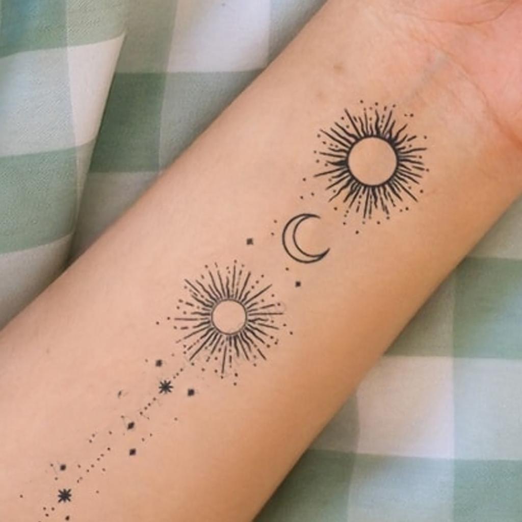 Einfache Persönlichkeit Sonne und Mond Linien-Element Tattoo Aufkleber Wasserdicht und Langlebig Hochwertiger Arm Tattoo Aufkleber
