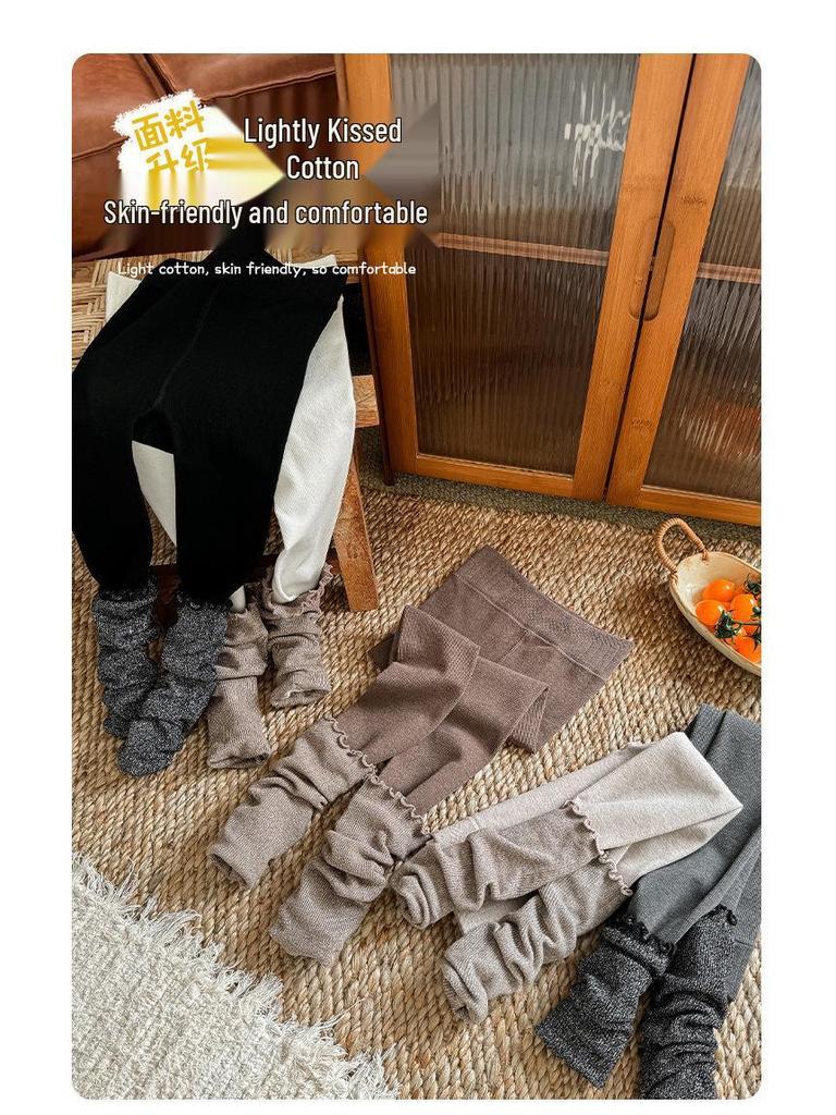 Children's Golden Brown Two-Piece Scrunched Socks & Warm Leggings Set for Autumn/Winter