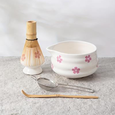 5pcs Cherry Blossom White Matcha Bowl with Matcha Whisk Set, Japanese Tea Set Includes Matcha Bowl with Spout