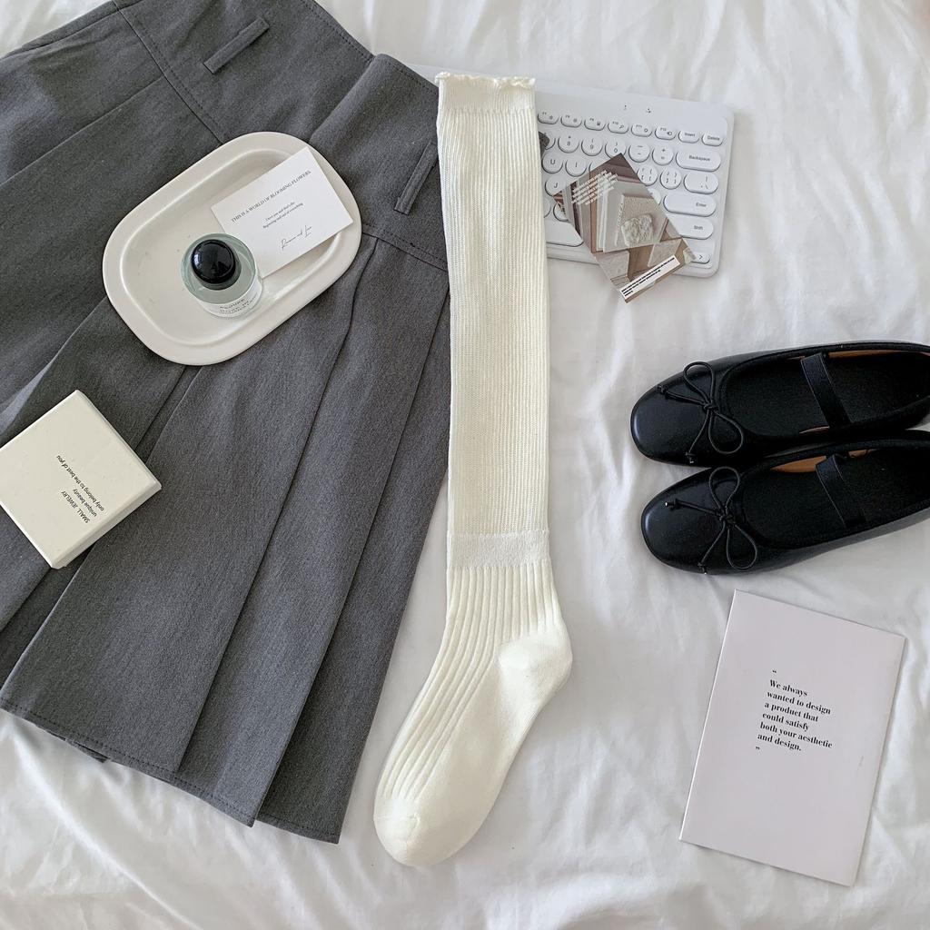 In The Early Autumn Of 2025, New Products, Fungus Edge Calf Socks, Bow Splicing, High Tube Solid Color Jk Knee Socks, Stacking Socks