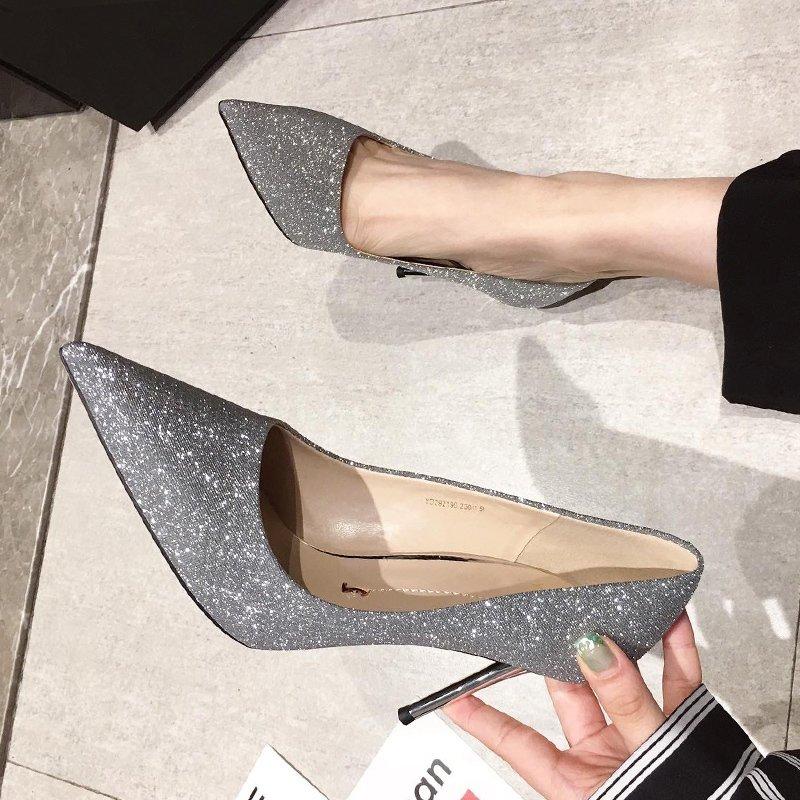 Skor Dam Slip-on Damskor Högklack Mode Festpumps Dam Bling Spetsig Tå Tunna Klackar Grunda Stora Storlekar Skor Dam