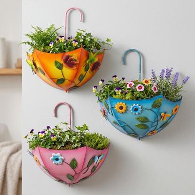 Metal Umbrella Hanging Planter Umbrella Shaped Railing Flower Pot Farmhouse Wall Mounted Planter for Garden Patio Porch Window Sill Decor