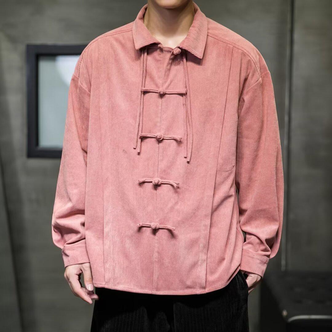 

Мужская весенняя рубашка в стиле ретро, в китайском стиле, с застежкой на лягушку, костюм тан M розовый
