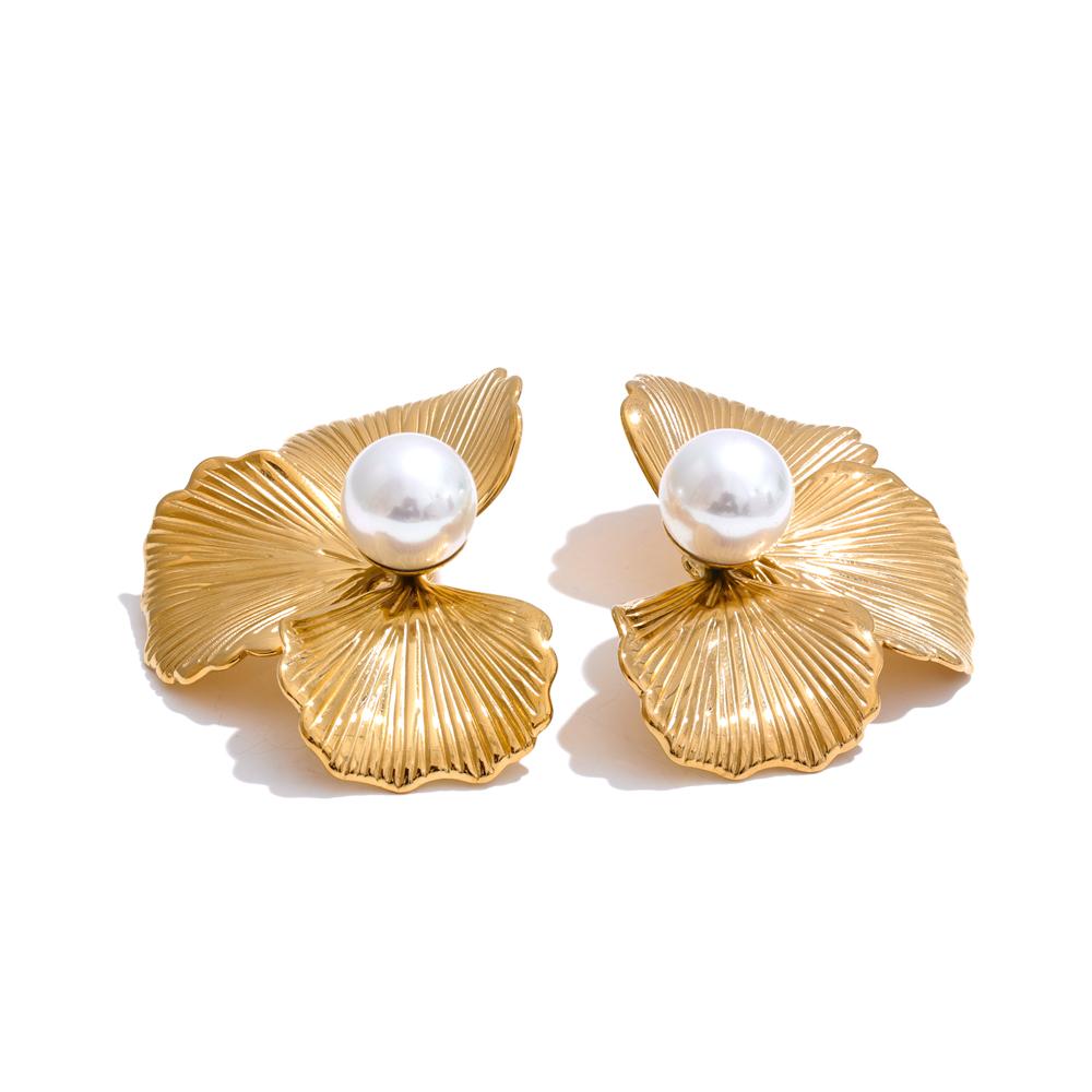 

Yhpup Big Flower Fashion Gold Platinum PVD Plated Statement Stud Earrings Jewelry for Women Inlay Quality Imitation Pearl