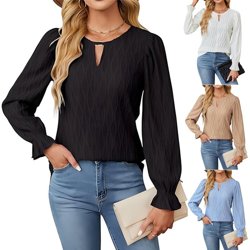Autumn Winter Solid Color T-Shirts Jacquard Round Neck Long Sleeved Top for Women's Clothing