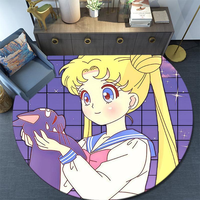 Sailor Moon Round Area Rug,Carpet Rug for Living Room Bedroom Sofa Playroom Decor,Non-slip Floor Mat