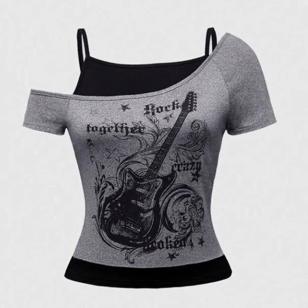 T-shirt con Stampa Punk Subcultura Harajuku T-shirt a Patchwork a Strisce Retro Y2K Gothic Tee Hip-hop Hottie Top